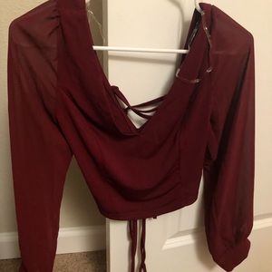 Sheer Sleeve Lace Up Crop Top SMALL